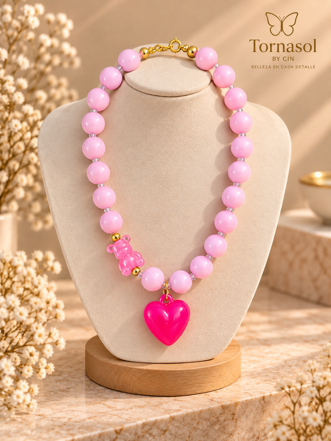 Imagen ilustrativa de Collar Osito Rosa con Corazón Fucsia